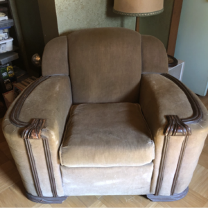 Gray 1930s Art Deco armchair with geometric form and upholstered seat