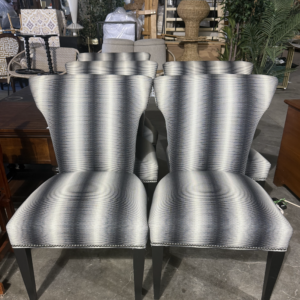 Set of (5) Gray and Black Striped Upholstered Dining Chairs with high backs, nailhead trim, and black tapered legs.