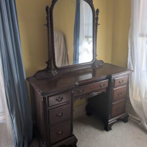 Vintage wood vanity desk with mirror and multiple drawers