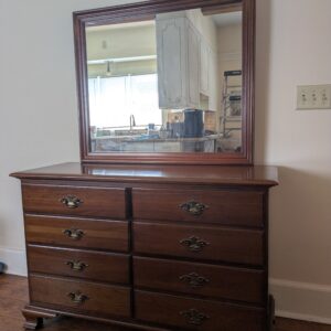 Young Hinkle cherry wood low dresser with mirror and brass hardware