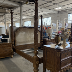 Antique carved wood king size four-poster bed with fixed posts