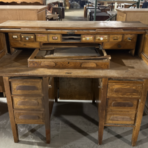 Vintage oak roll top desk with multiple drawers and compartments