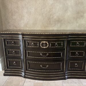 Marge Carson carved wood credenza with ornate detailing and multiple drawers, 83 inches long